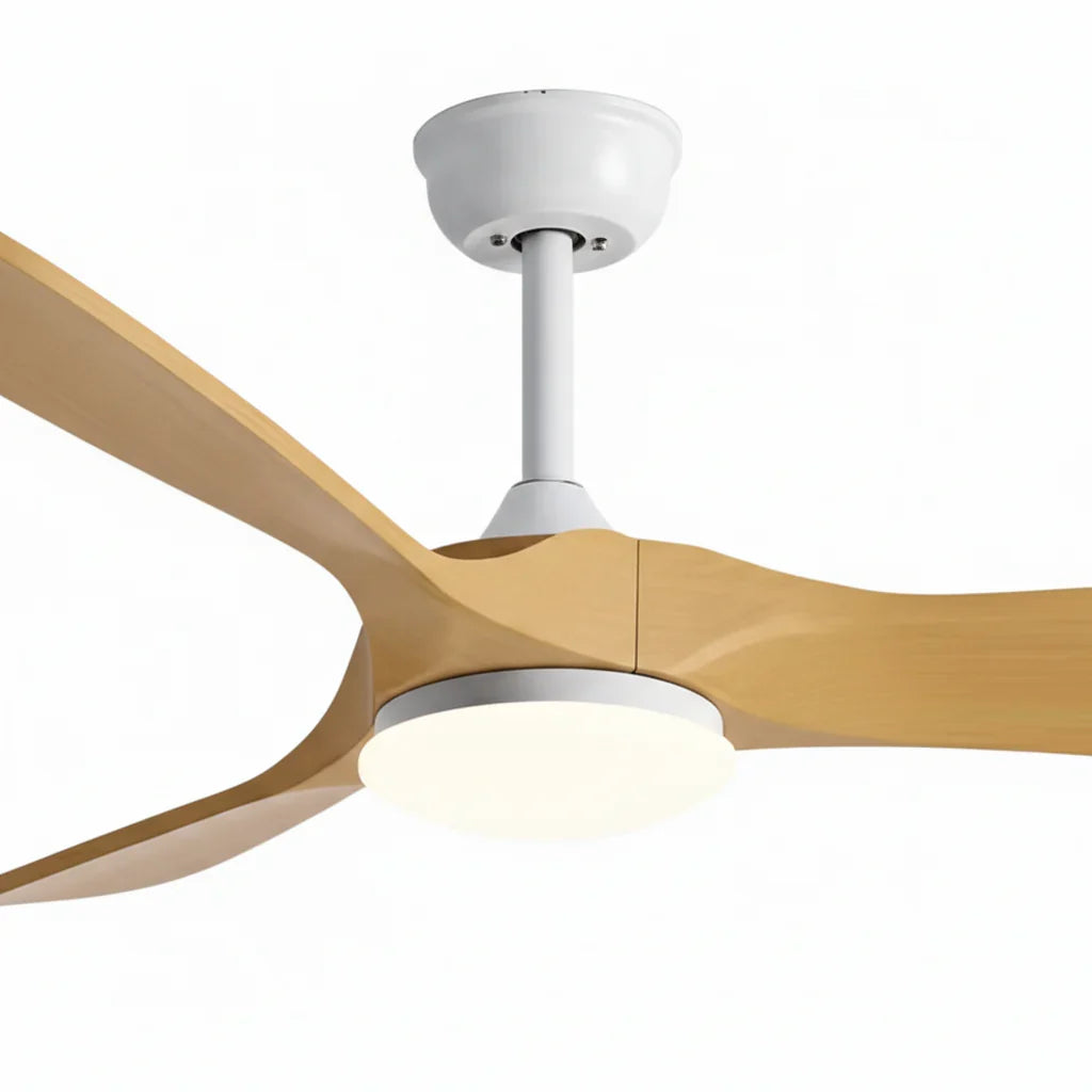Bianco | Ventilateur de plafond vintage blanc et bois naturel, LED intégrée