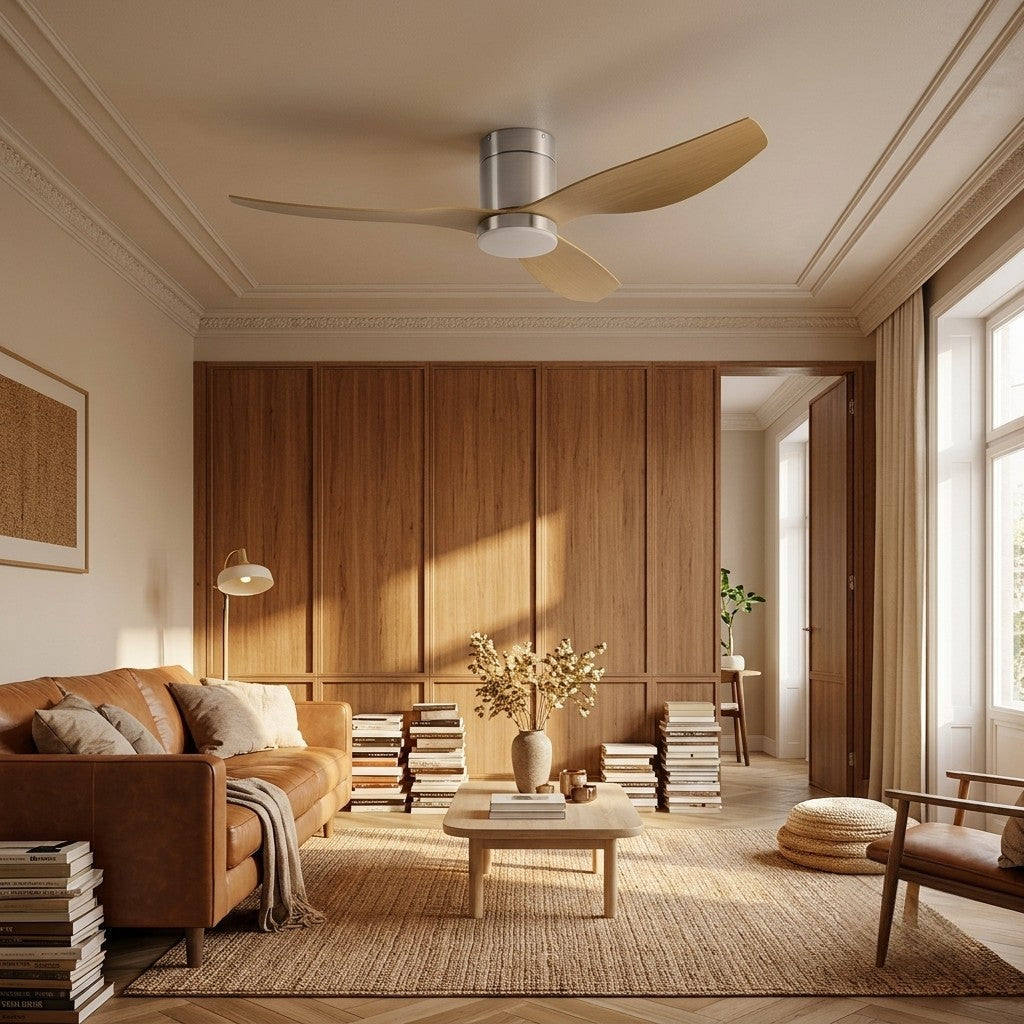 Luce | Ventilateur de plafond LED intégrée argent et bois clair