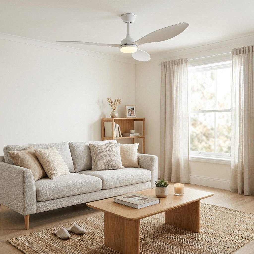 Nube | Ventilateur de plafond vintage blanc et bois blanc, LED intégrée