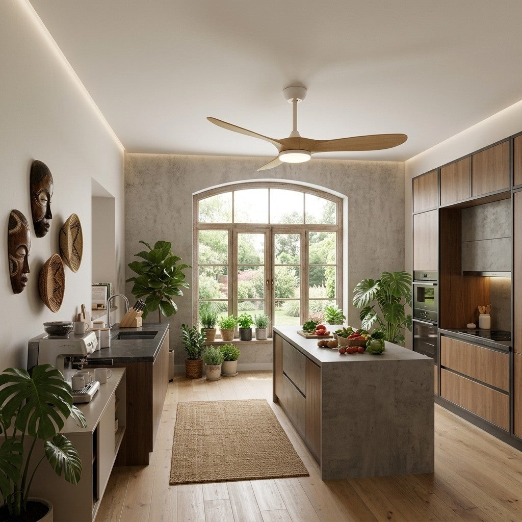 Bianco | Ventilateur de plafond vintage blanc et bois naturel, LED intégrée