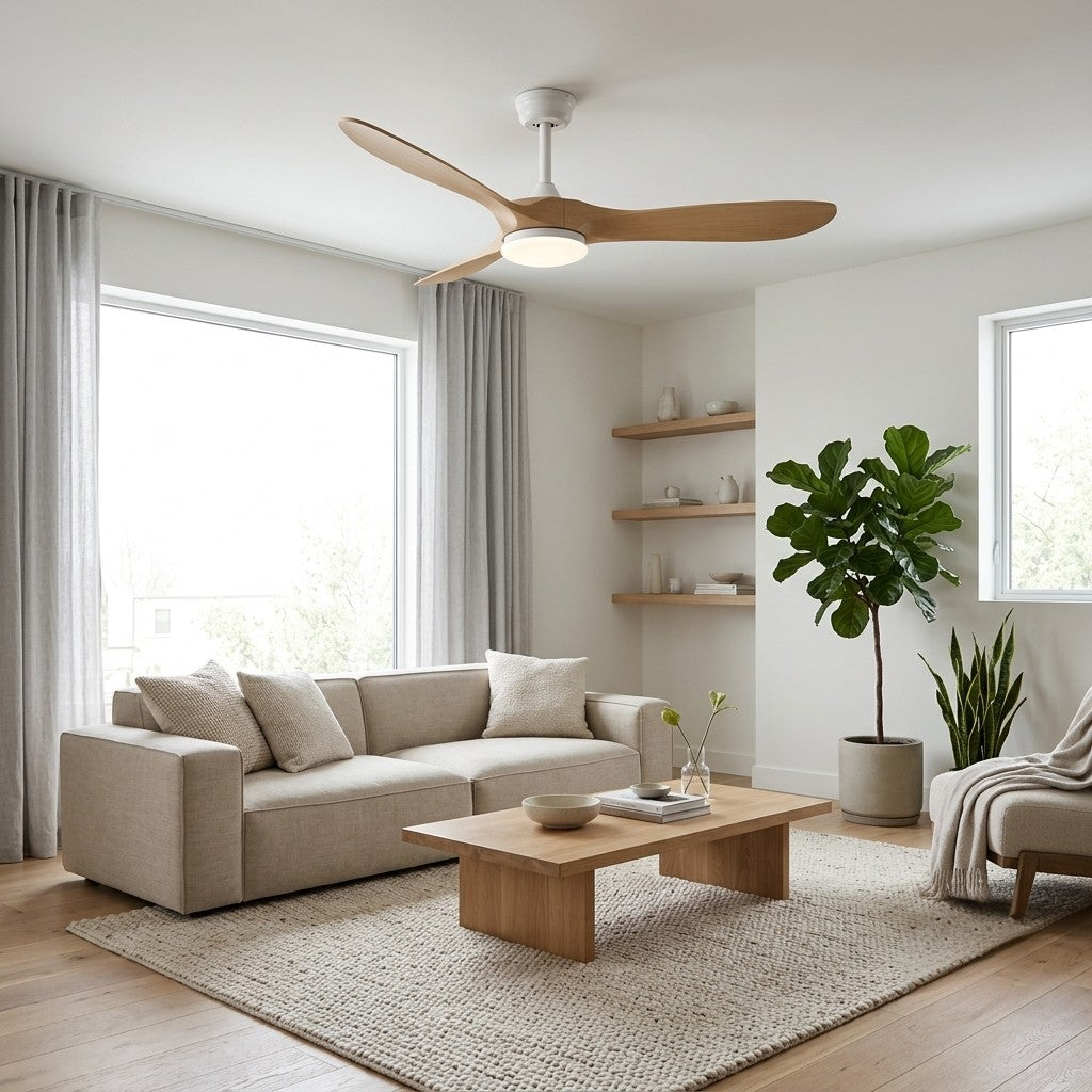 Bianco | Ventilateur de plafond vintage blanc et bois naturel, LED intégrée