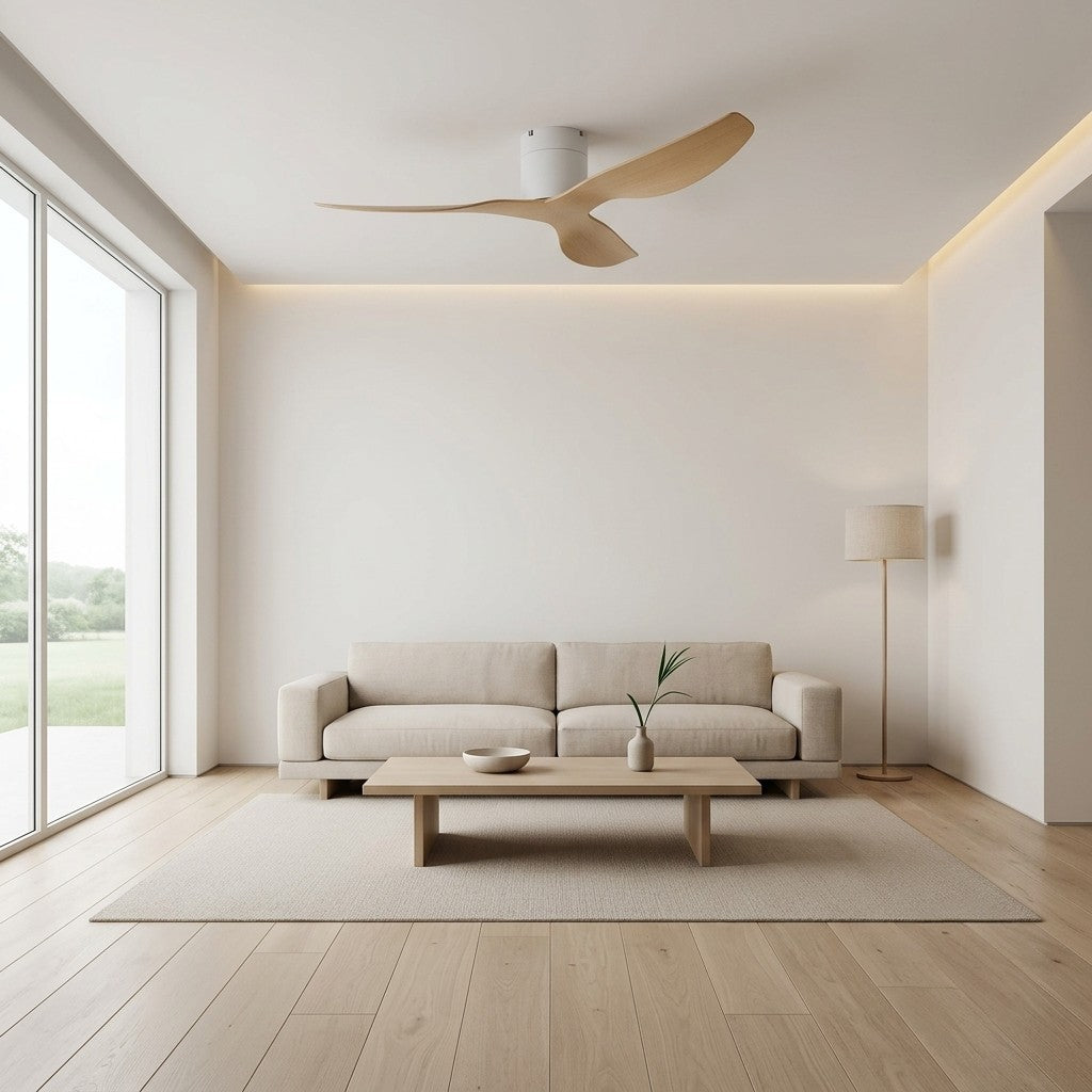 Larice | Ventilateur de plafond ultra-plat blanc et bois clair