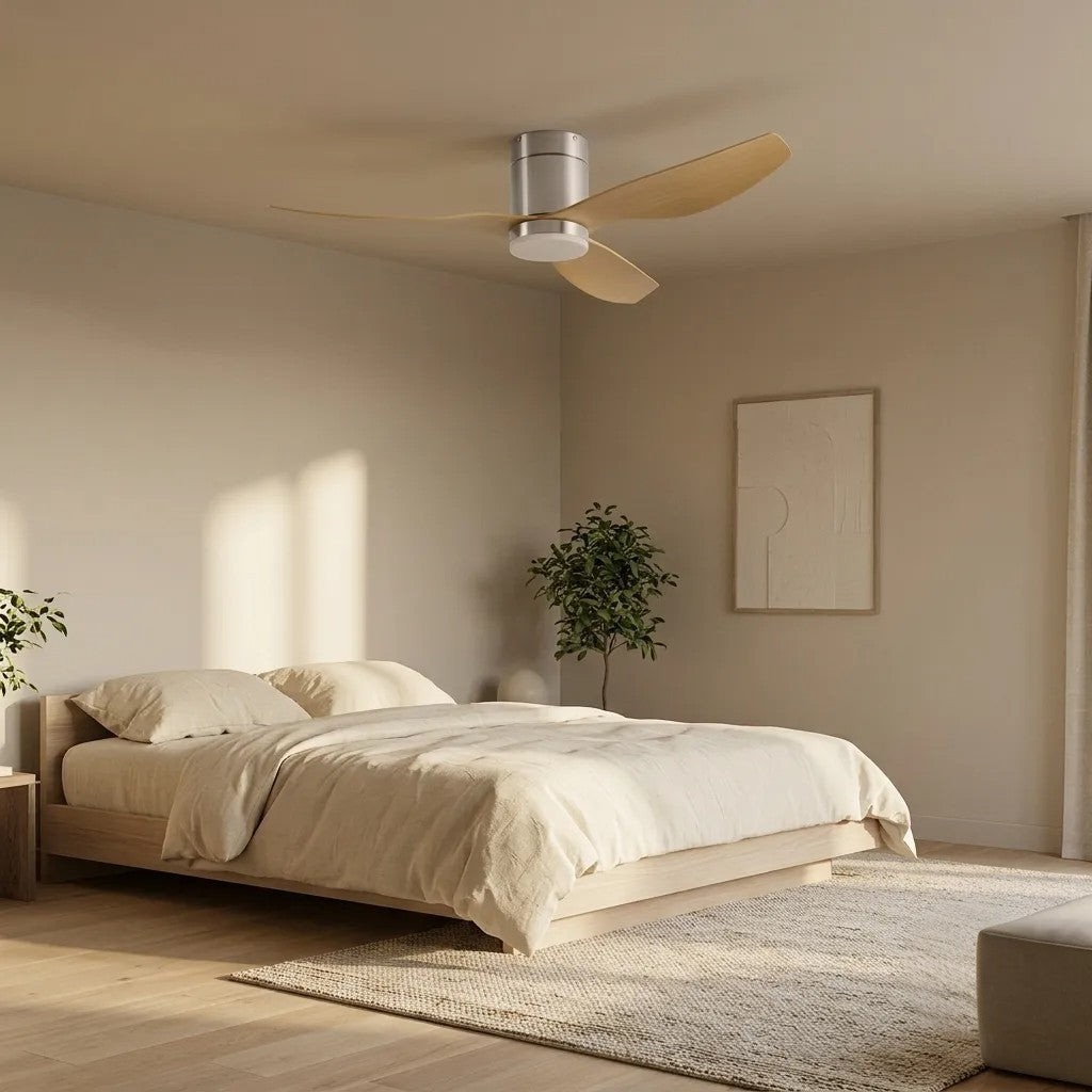 Luce | Ventilateur de plafond LED intégrée argent et bois clair